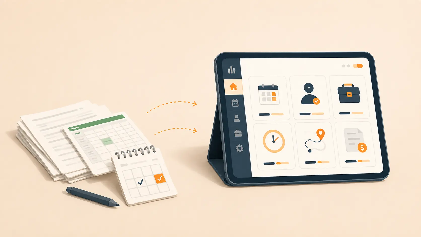 Paper wall calendar with a double-booked day and loose receipts next to a smartphone showing a tidy job schedule and a paid invoice.