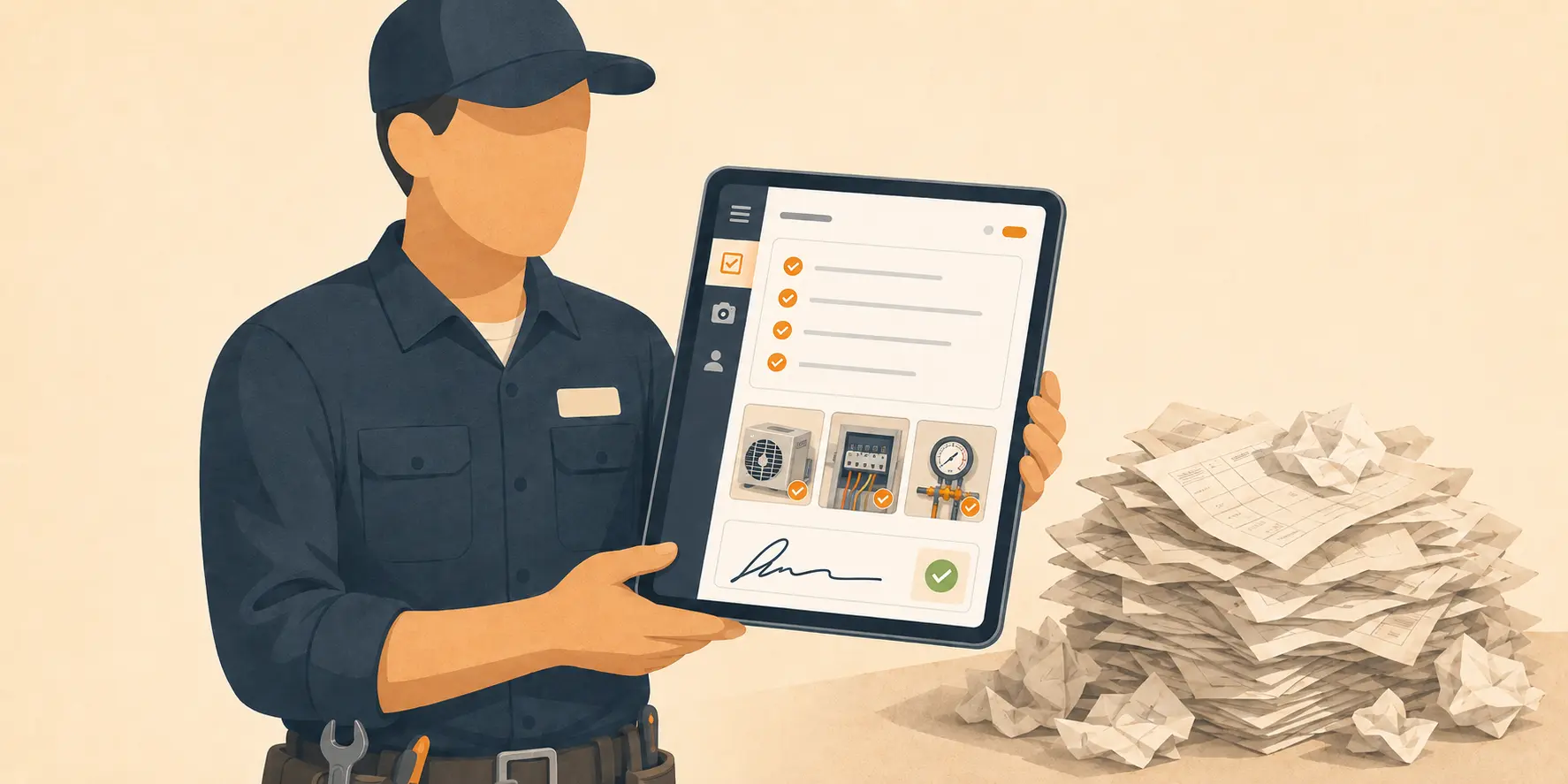 Field technician holding a tablet showing a digital work order with a completed checklist, job photos, and a customer e-signature, next to a stack of crumpled paper forms.