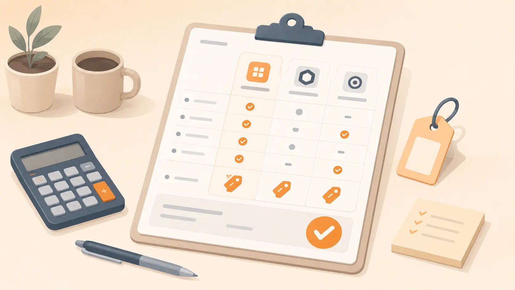 Illustration of a software evaluation checklist with compared options, a price tag, and a check mark over a clipboard.