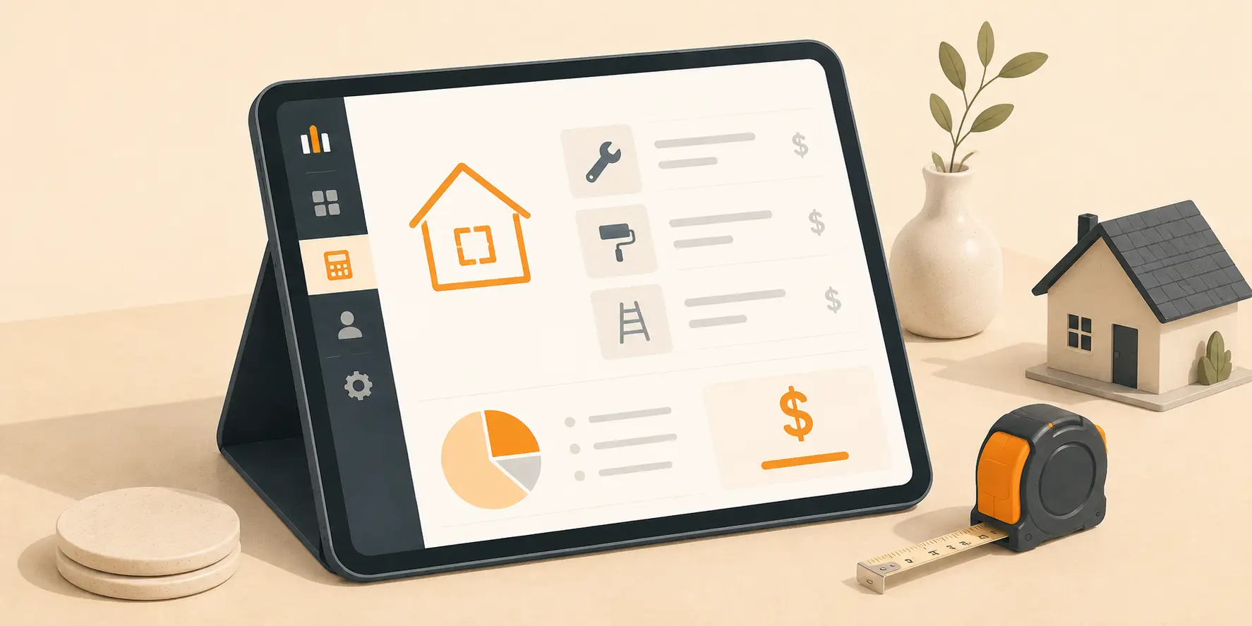 Handyman pricing worksheet showing labor, materials, and minimum charge line items beside a calculator and a cordless drill.