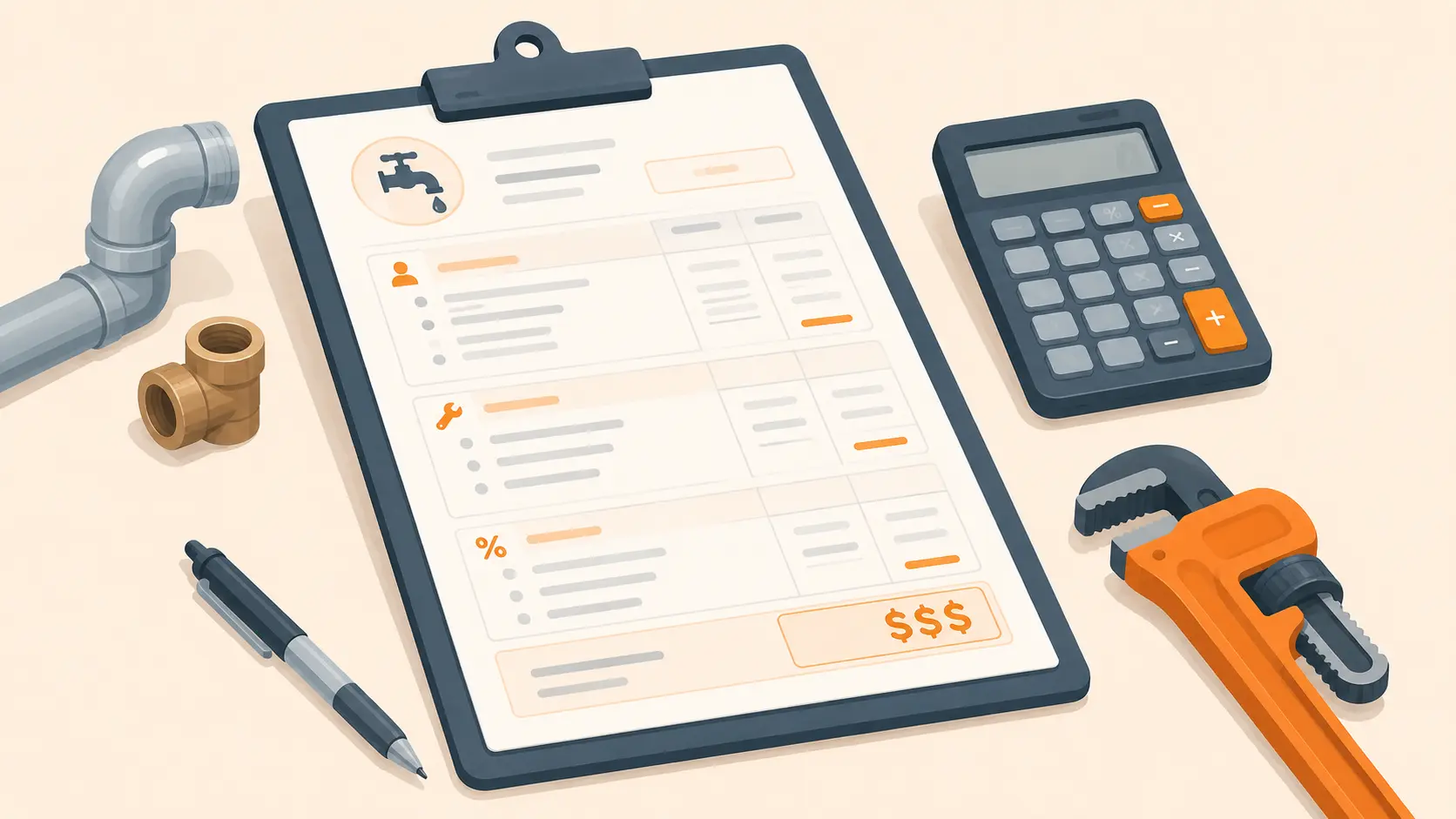 Illustration of a plumbing job pricing worksheet with labor, materials, and markup line items next to a calculator and a pipe wrench.