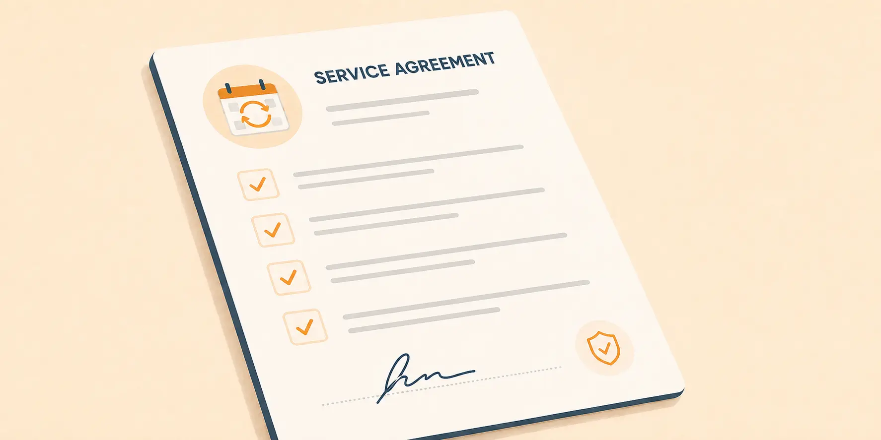 Illustration of a service agreement document with checked clauses, a signature line, and a recurring calendar icon.