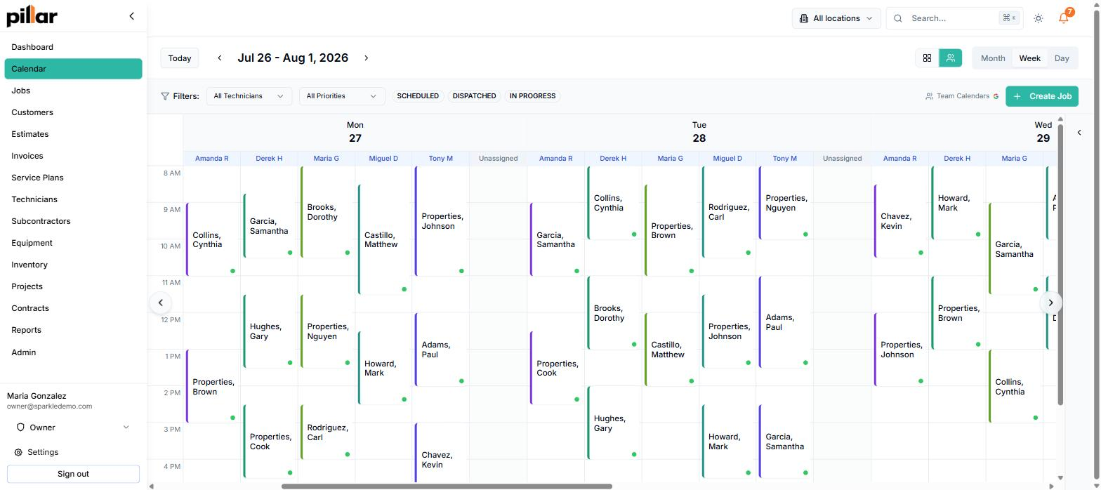 Week calendar for a cleaning company split into one lane per cleaner, with named house and office cleans stacked through Monday, Tuesday and Wednesday from 8 AM to 4 PM