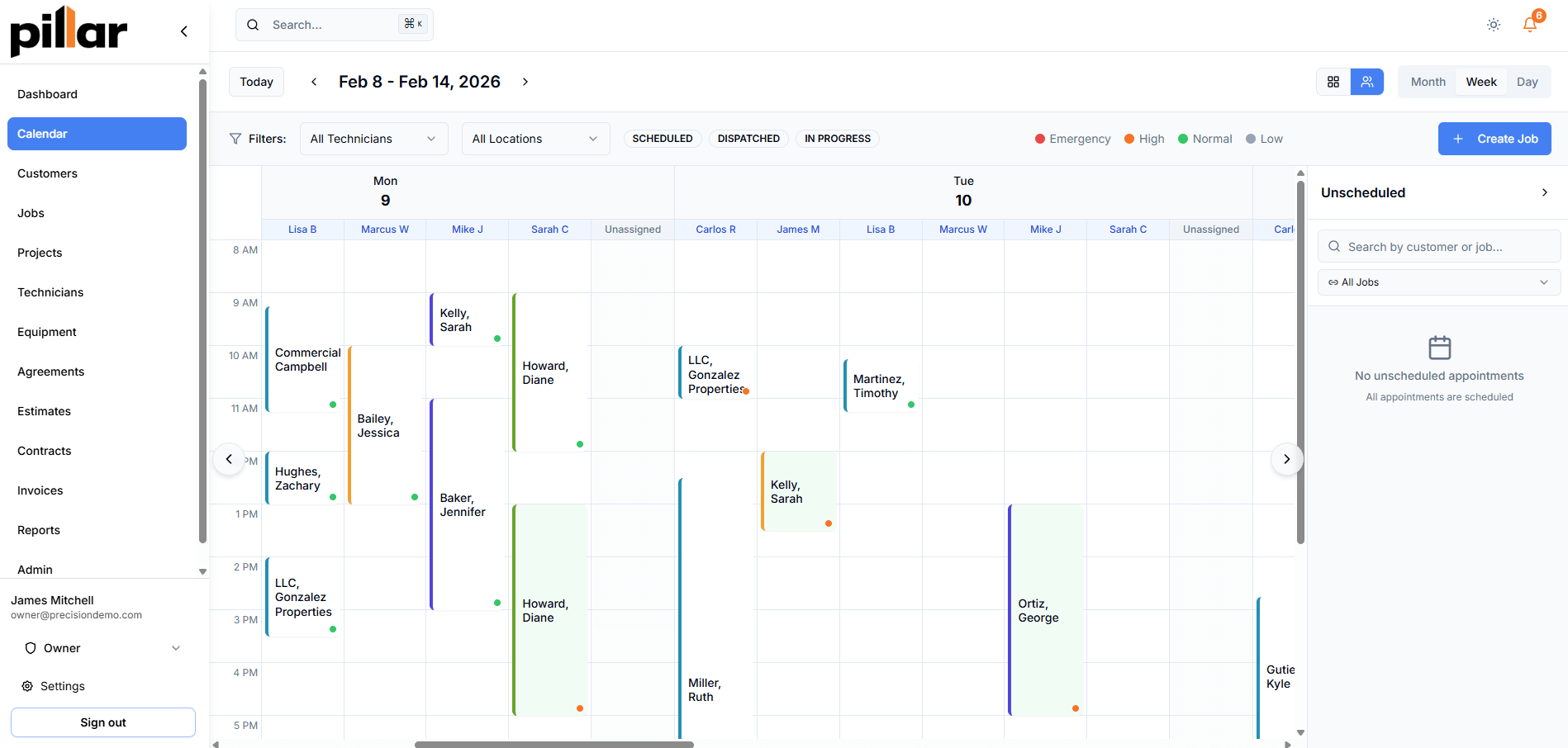 Pillar week view with a column for each technician, color-coded job priorities, and a sidebar showing no unscheduled appointments