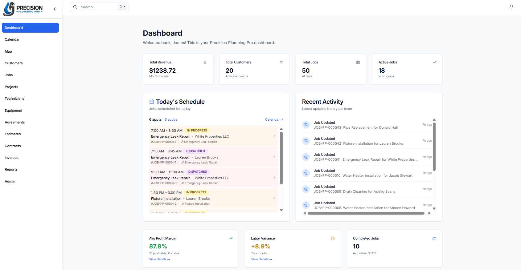 Pillar dashboard showing month-to-date revenue, today's schedule of six jobs, and average job profit margin