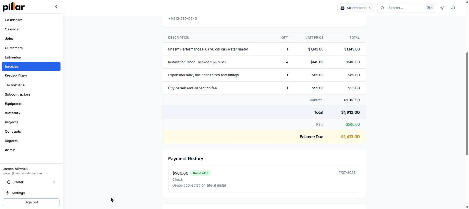 Pillar invoice for a water heater installation with the unit, labor, fittings, and permit as separate lines, a $500 check payment recorded, and $1,413 left as the balance due