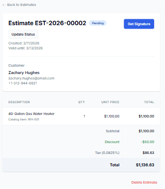 Estimate preview on a phone showing line items and total, ready for the customer to sign