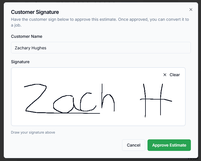 Customer signature panel on a Pillar estimate with a signature drawn on screen and an Approve estimate button