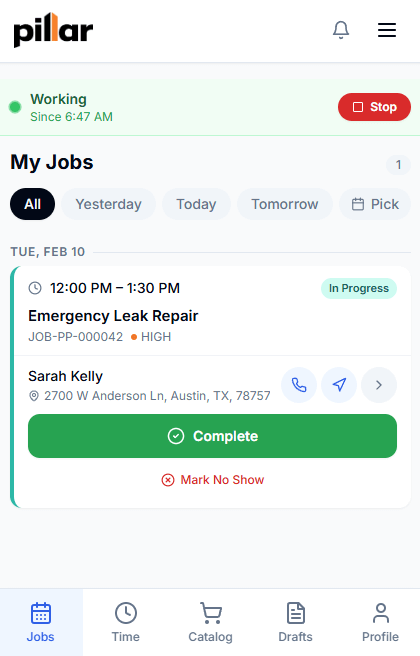 Pillar technician mobile app showing the day's assigned jobs