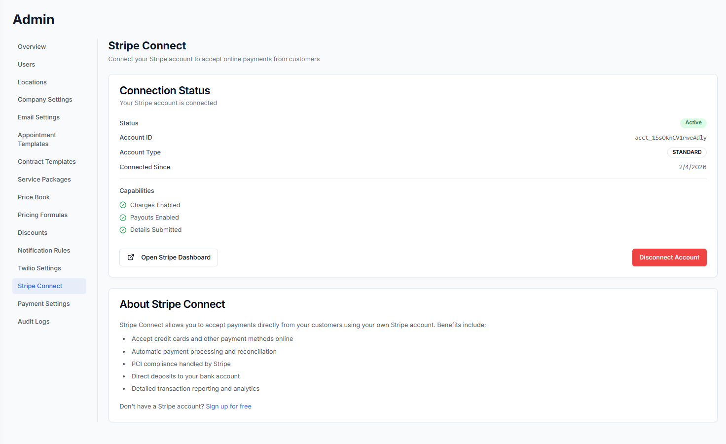 Pillar's admin settings with Stripe connected, showing charges and payouts enabled beside the price book, discounts, and audit log settings